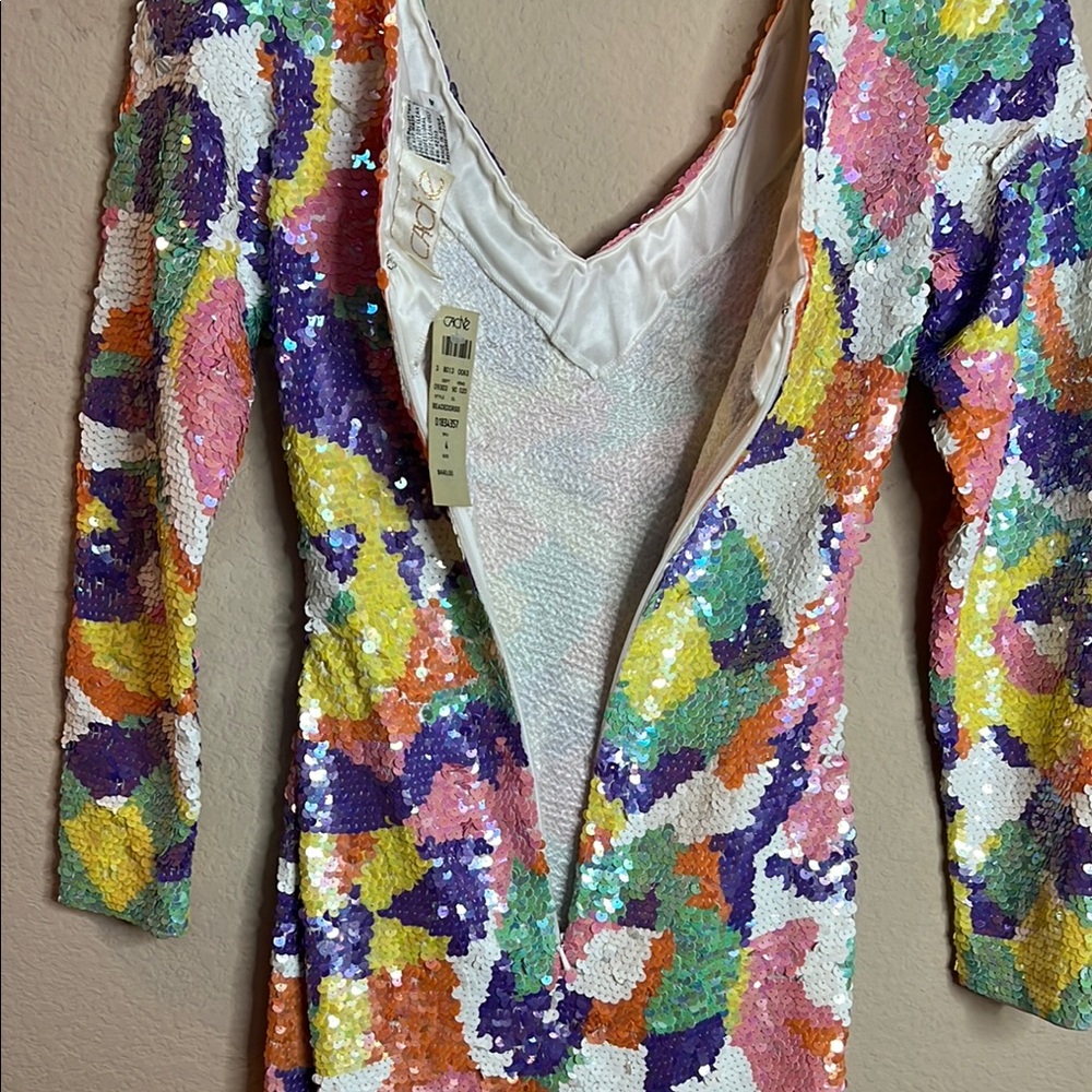 Cache White Orange Bold Vibrant Colors Bodycon‎ Double V-Neck Long Slv NWT $440 - Picture 6 of 12